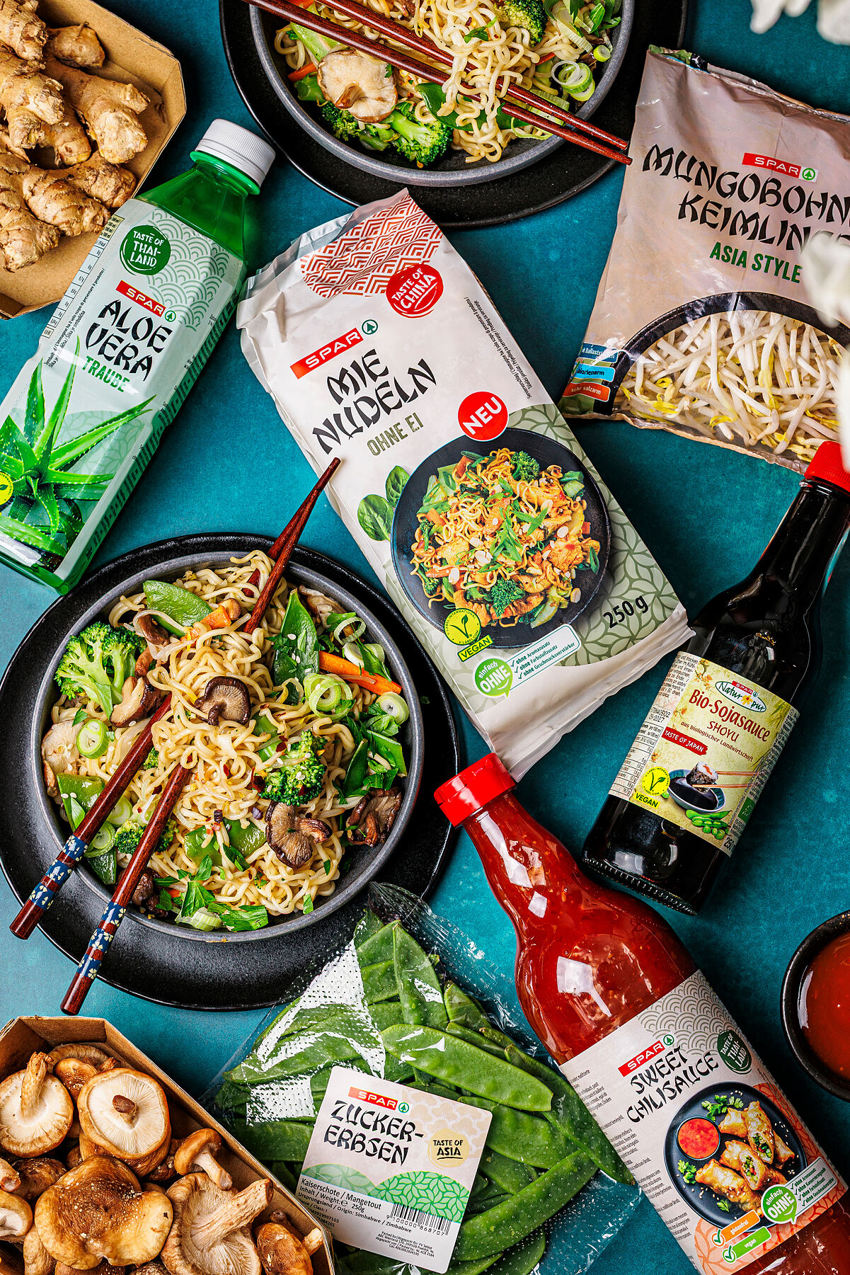 SPAR-Asia-Mie-Nudeln-ohne-Ei+diverse-Asia-Produkte+Veggie-Chow-Mein_