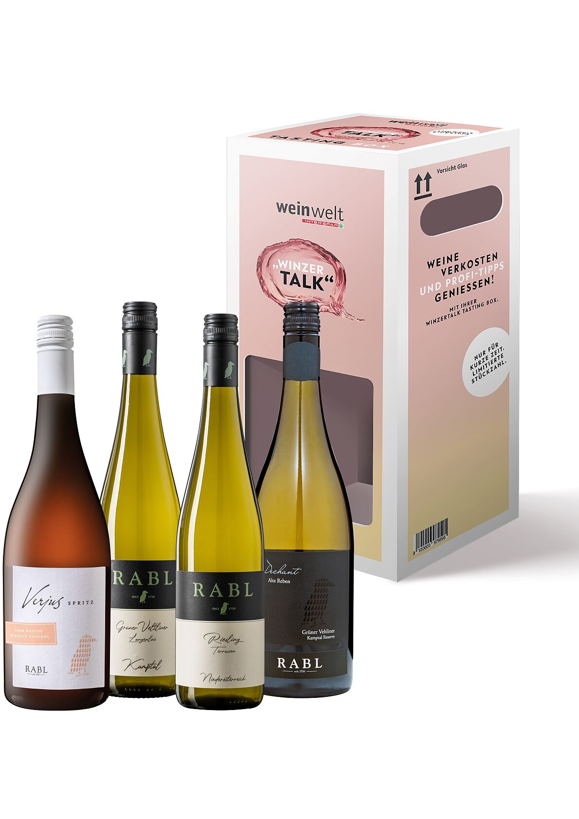 Vielfältiger Genuss aus dem Kamptal: Die Weingut Rabl Winzertalk Tasting Box ist bei INTERSPAR für nur 39,99 statt 49,46 Euro erhältlich – Angebot gültig bis 11.2.2026 bzw. solange der Vorrat reicht. ©INTERSPAR. 